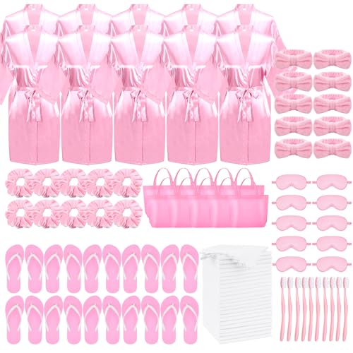 10 Set Girls Spa Party Supplies, 10 Robe, 10 Slippers, 10 Towels, 10 Toothbrush, 10 Headbands, 10 Spa Masks, 10 Tote Bags for Sleepover Party Supplies (US, Alpha, One Size, Regular, 10, Deep Pink)