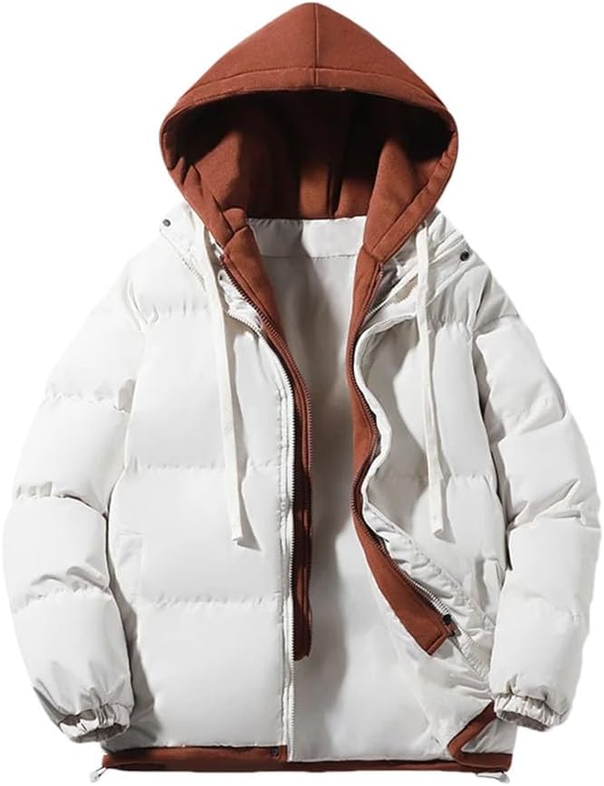 Men Casual Cotton Long Sleeve Jacket Fake Two Warm Hooded Solid Color Jacket