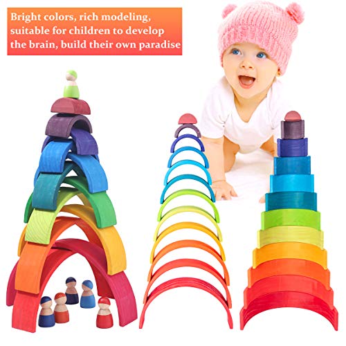 VIGEIYA 18Pcs Wooden Rainbow Stacking Toy Color Sorting Toys Large Stacker Building Blocks for Kids Toddlers (Large) - Thumbnail 2