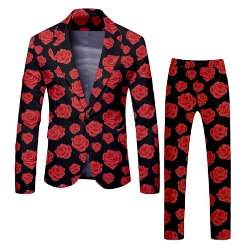 Traje de San Valentín para hombre, diseño floral, chaqueta de traje y pantalones de traje, corte ajustado, traje de boda, cómodo, festivo, traje de dos piezas, traje informal de carnaval, rojo, L