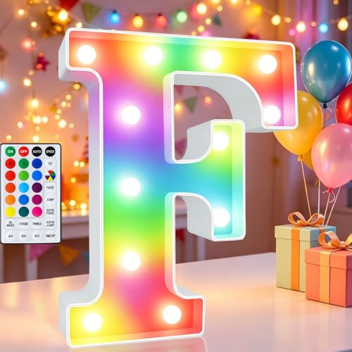 Image of LED Marquee Letter Lights, 18 Colors Changing Light Up Letters with Remote, RGB Alphabet Letters Sign for Girls Boys Gift Birthday Party Night Light Bedroom Wedding Christmas Decor-Colorful F