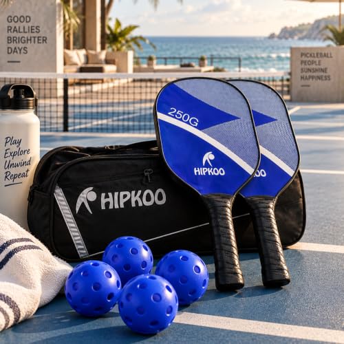 Image of Hipkoo Sports Pickleball Paddle Set Wooden, Includes 2 Paddles, 4 Outdoor Balls and Protective Carry Bag, Cushion Comfort Handle Grip, Durable Pickleball Paddle, Outdoor Game (Blue)