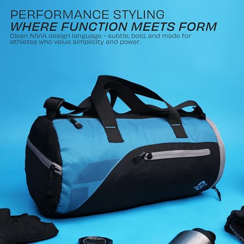 Image of Nivia Fuse Gym Duffle Bag for Men and Women, 25L Lightweight Training and Travel Bag with Shoe Compartment, Quick Access Pockets, and Adjustable Strap, Designed for Athletes, Travel (Black /Blue)