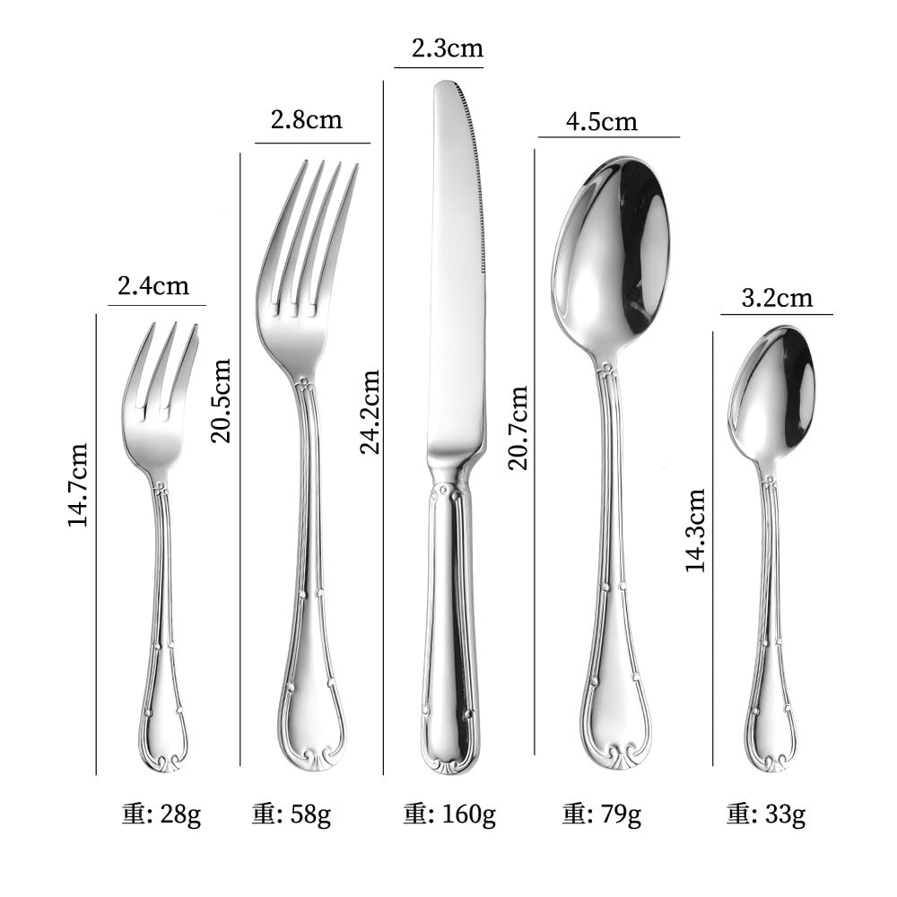 Este Juego de Cubiertos para 6 Personas es un Juego único de Cubiertos de Acero Inoxidable 18/8 con Acabado Pulido Espejo, Ideal para la Mesa de restaurantes y el hogar. Cuenta con un Mango