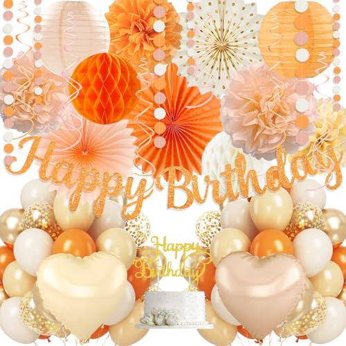 Orange-Peach Fall Boho Birthday Party Decorations - 62pcs Happy Birthday Banner Beige Rustic Paper Lanterns Streamers Tissue Pom Poms Burnt Orange Apricot Party Balloons Fall Backdrop Decor