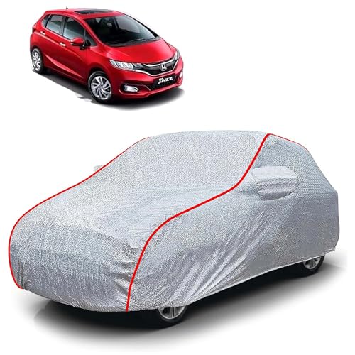 Image of Sulfar 100% Waterproof Car Body Cover Compatible with Mirror for Honda Jazz (Triple Stitched, Full Bottom Elastic, Magic Silver with Red Piping)