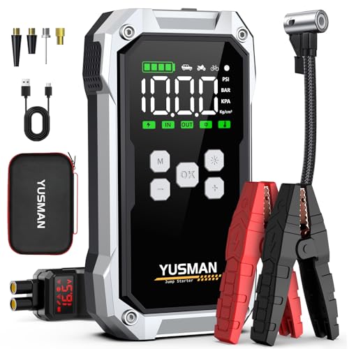 YUSMAN Arrancador de Baterias de Coche con Compresor de Aire, 12V 7000A Arrancador Coche Portatil con Inflador de 150 PSI (para All Gasolina o 10L Diesel), Linterna LED de Emergencia