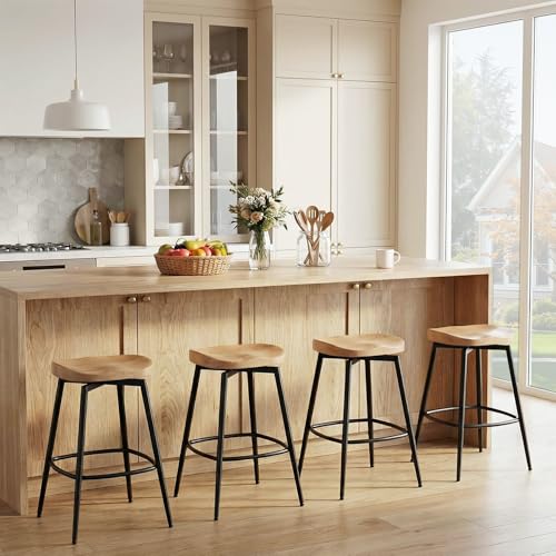 Image of 25'' Solid Wood Saddle Stools Set of 2, Swivel Counter Height Bar Stools Backless, Wooden Bar Stools with Metal Legs and Ergonomics Seat for Kitchen Island, Unstained Raw Wood