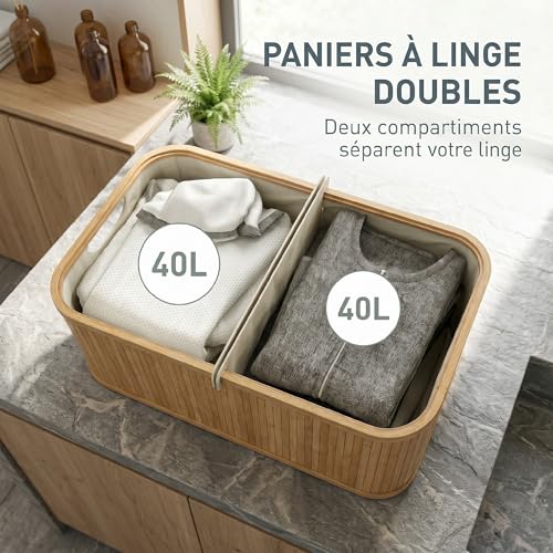 Panier à linge double pliable 80 L beige avec couvercle HOMCOM