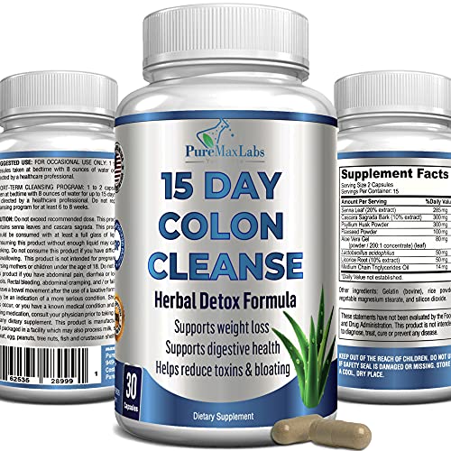 15 Day Colon Cleanse and Detox, Herbal Detox Formula for Weight Loss, Constipation Relief - Boosts Energy. Flush Toxins, Natural Safe Colon Cleanser for Men and Women - 30 Capsules