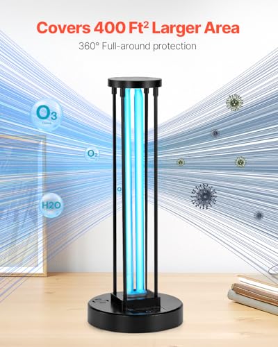 Image of VEVOR UV Light, 36W Ultraviolet Lamp with Ozone Purifier, UVC Lamp with 30 /60 /120 Minutes 3-Gear Timer and Remote Control, for Room up to 400 sqft, UVO Lights for Living Room, Bedroom, Hotel, School