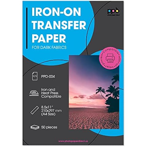 PPD Iron on Transfer Paper for Dark Fabric Compatible with Inkjet Printer, 8.5 x 11 Printable T Shirt Heat Transfer Papers, Custom Print Photo, Durable, Flexible & Machine Washable (50 Sheets) Cover