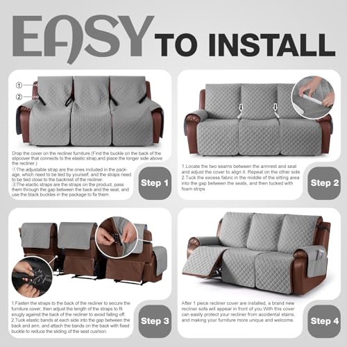 Image of KinCam 100% Waterproof Recliner Sofa Covers, Non-Slip Reclining Couch Covers for 3 Seat, Recliner Couch Cover Furniture Protector with Elastic Straps for Pets, Kids, Light Gray