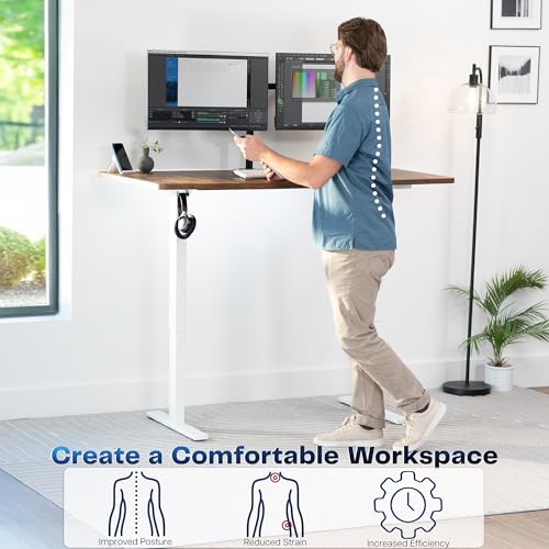 Image of VIVO Rustic Vintage Brown 60 x 30 in Standing Desk, DESK-KIT-1W6N-30 | Electric, Holds 220 lbs, Sit Stand, Height Adjustable, Extra Deep Table Top, Memory Presets, 1B Series, White Frame
