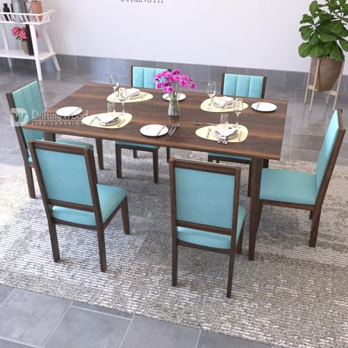 Image of DRIFTINGWOOD Atlantis Solid Sheesham Wood Dining Table 6 Seater | Wooden Six Seater Dinning Table with Cushion Chairs | Dinner Table 6 Seater | Dining Room Sets | Self Assembly, Walnut Finish