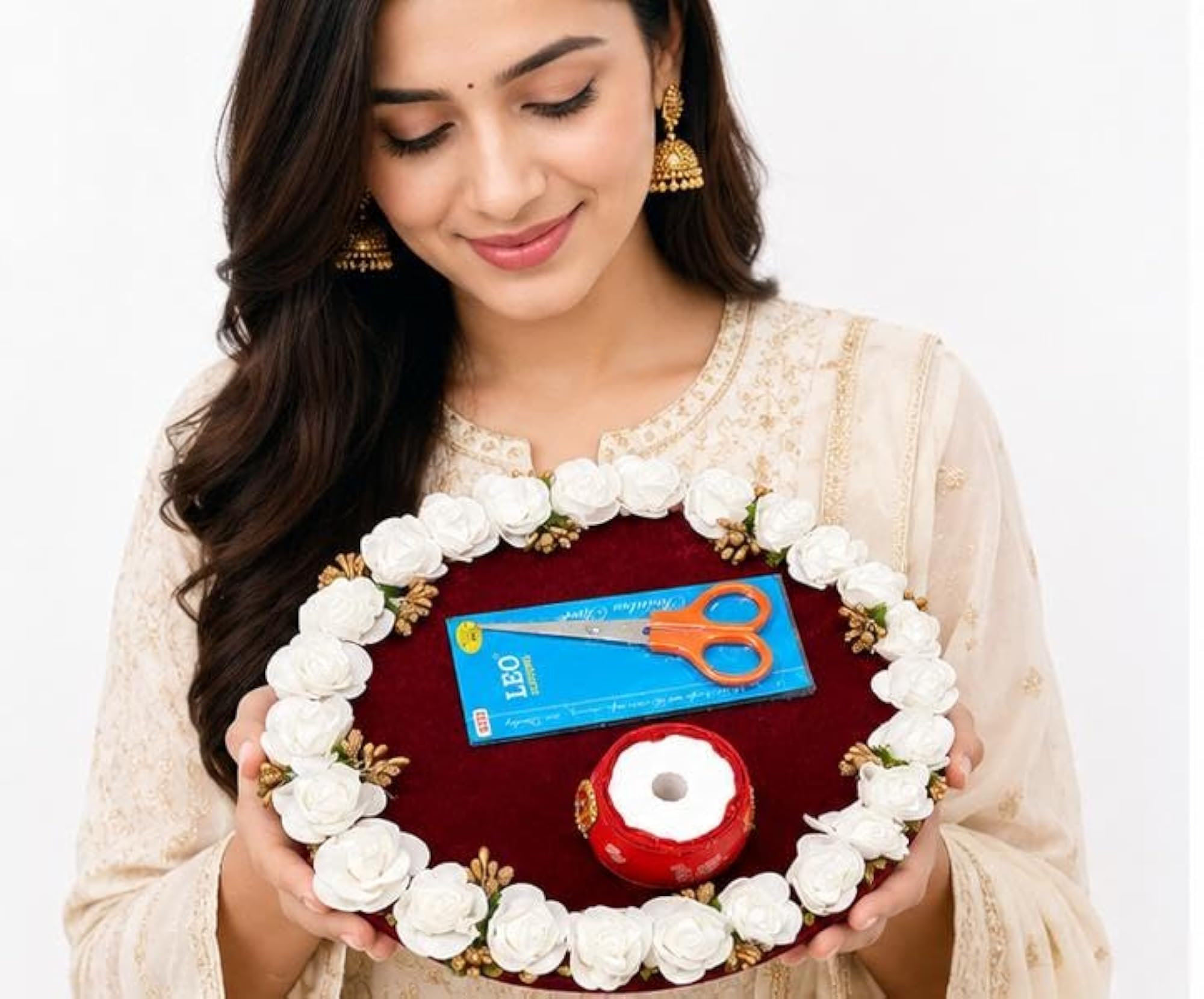 Handmade Ribbon Cutting Ceremony Thali with Floral Border