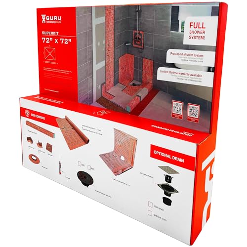 GURU USA SuperKit Square Shower Kit with Heavy Duty Tray, Water-Stop Membrane Roll, & Hair Strainer, Bathroom Accessories Set Without Drain, 72" x 72", Center Drain, PVC Connector