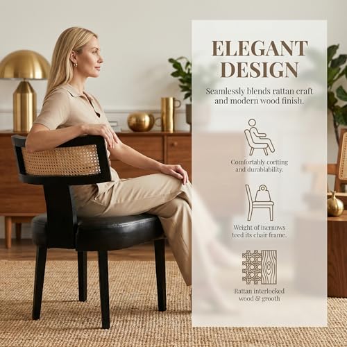 Image of HNY Mid Century Modern Rattan Dining Chairs Set of 4, Farmhouse PU Leather Upholstered Accent Chair Curved Backrest Kitchen Chairs, with Black Hardwood Frame, Black
