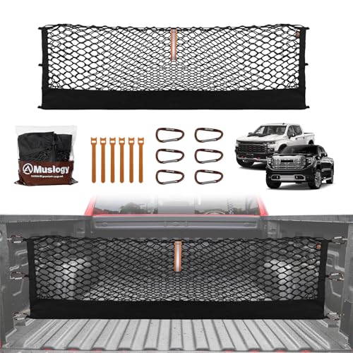 Muslogy Truck Bed Cargo Net Trunk Netting Compatible with 2013-2026 Chevy Silverado & GMC Sierra 1500/2500HD/3500HD Accessories, Pickup Cargo Organizer SUV Sedan Storage Net w/Heavy Duty Carabiners