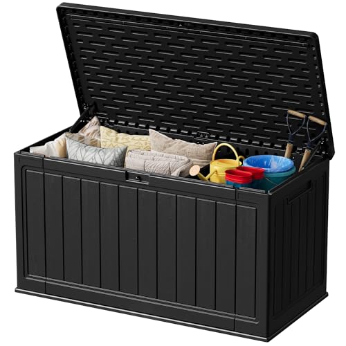 Greesum 150 Gallon HDPE Outdoor Storage Box - Waterproof, Large Capacity Deck Box with Removable Dividers for Patio, Yard, Garden Tools, Black
