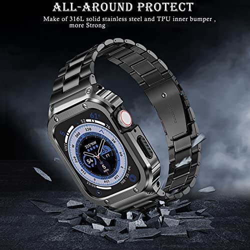 Image of MioHHR Stainless Steel Band and Case Compatible with Apple Watch Band 45mm | Men Metal Protective Bumper Cover with Straps for iWatch 45mm Series 9 /8 /7, Black
