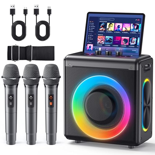 Karaoke Machine with 3 Wireless Rechargeable Microphones: Portable Bluetooth Speaker for Adults &...