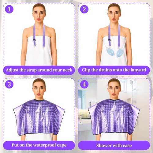 Image of Shower Cape Cover Lanyard for Mastectomy Drain Holder, Waterproof Shower Cape, Purple Post-Mastectomy Must Haves Shower Garment Lanyards Bulbs Management Rope Clips