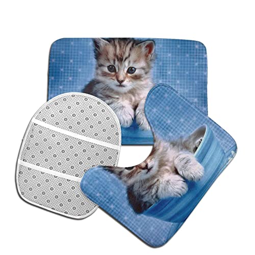 DIRYKILP Badematte + Konturmatte + Toilettendeckelbezug, Süße Tasse Katze 3 Stück Badematte Set, mit rutschfester Klebeunterseite – Bild 5