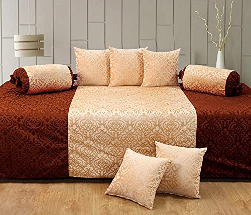 Image of Home Sajja Premium Diwan Set of 8 (1 Sheet, 2 Bolster with Dori & 5 Cushion Covers) Brown & Beige