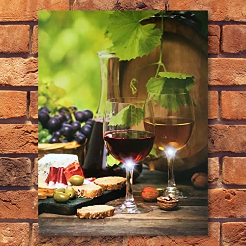 wine and cheese poster - Lighted Wine Canvas Print Wall Art with LED Lights Glasses and Bottle Pictured with Grapes, Bread, Cheese, Nuts and Olives