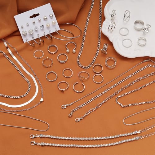 34 Pcs Silver Jewelry Set for Women Layered Bracelets Ball Dangle Hoop Earrings Stackable Knuckle Rings Set Dainty Adjustable Necklaces Valentine Anniversary Trendy Party Costume Accessories Jewelry2