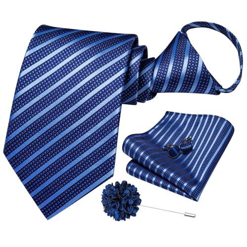 Image of Hi-Tie Mens Adjustable Blue Striped Tie Set Silk Zipper Pre-tied Necktie Handkerchief Cufflinks Pocket Square Lapel Pin Formal Business