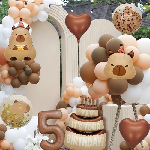 Image of Capybara Birthday Foil Balloon Set, 8-Piece Party Decor (0) | Reusable foil balloon set with capybara, cake,number . Perfect for birthday, baby shower, gender reveal & themed parties