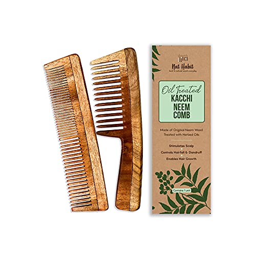 Nat Habit - Back To Natural Neem Comb, Wooden Comb for Men & Women, Hair Growth, Treated With Neem Oil, Wide & Dual Combo, 18-20Cm Length Brown