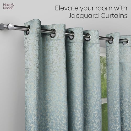 Image of haus & kinder Jacquard Window Curtains 5 Feet Long Pack of 2 Window Curtains, 5 Feet Curtains for Window (Glittering Fern, Aqua Floral Nature Design 130x152 CM)