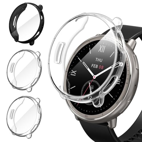 ivoler 3 Piezas Funda con Protector de Pantalla para Amazfit Active 2 (Round Edition), Protección Completa Carcasa Protectora Delgado Suave TPU Anti-Arañazos Case, 2 Transparente + 1 Negro
