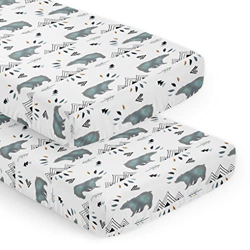 Image of Sweet Jojo Designs Slate Blue Bear Mountain Boy Baby Fitted Crib Sheet Set Nursery Soft Infant Newborn Fits Standard Mattress or Toddler Bed - 2pc - Black and White Watercolor Woodland Forest Animal