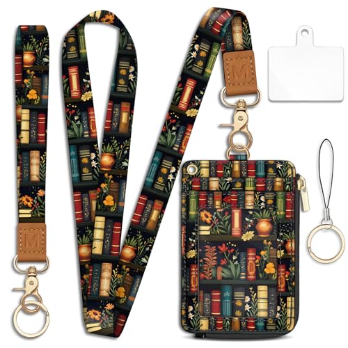 Plant Book Shelf Lanyard Wallet with ID Badge Holder, Floral Small RFID Wallet Women Keychain Wristlet, Slim Credit Card Holder with Zipper Pocket Phone Lanyard Wrist Strap Office Teacher Gift