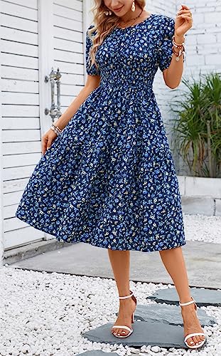 Image of Kormei Women Summer Casual Boho Floral Round Neck Short Sleeve Smocked Waist Tiered Flowy Swing Midi Dress