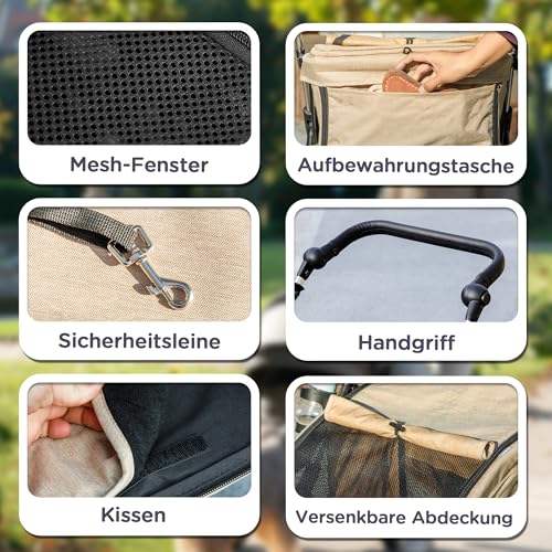 PawHut Hundewagen leicht Hundebuggy aus Aluminium klappbar für Hunde & Katzen Katzenbuggy mit Kissen Netzfenstern Türen Aufbewahrungskorb Katzenwagen Mini-Hundewagen für kleine Hunde Khaki