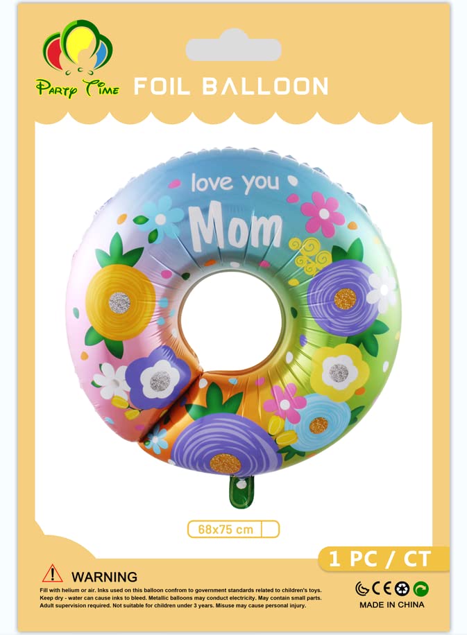 PARTY TIME - 1 Piece Round Shape Foil with "Love You Mom" Print Foil Mother's day Party Decorations Foil Round Balloons for Happy Mother's Day Birthday Party Supplies (68x75cm.)