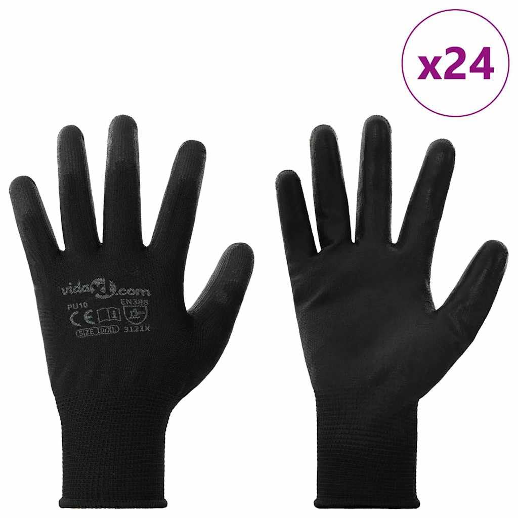 Lot de 24 paires de gants de travail, taille 10 XL, noirs, en polyester, gants de protection respirants pour atelier, jardin, montage et construction