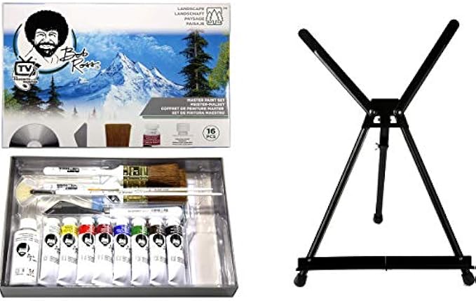 Bob Ross Master Artist Oil Paint Set Bundle with Aluminum Table Easel (2 Items)