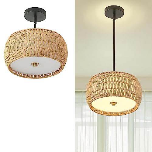 Rattan Pendant Light Kitchen Island,12.8" Hand-woven Modern Semi Flush Mount Ceiling Light Fixture,Boho Woven Lamp Shade Chandelier,Adjustable Farmhouse Hanging Light for Bedroom Bar Hallway