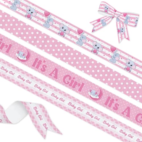YKW 4 Pack Baby Girl Ribbon, 1 Inch x 5 Yards Each, Pink Elephant Decorative Grosgrain Ribbon with Stars Moon for Baby Shower, Gender Reveal Party, Nursery Decor, Gift Wrapping & DIY Crafts