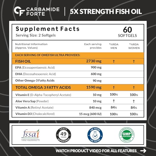 Image of Carbamide Forte 5X Strength Omega 3 Fish Oil Capsules 2730mg | Fish Oil Omega 3 Supplement To Support Overall Health & Skin With Added Aloevera, Vitamin D3, Vitamin E For Men & Women - 60 Softgels