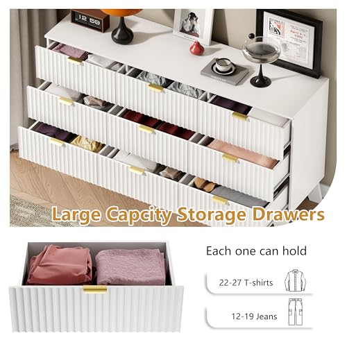 Image of Wodeer 9 Drawer Fluted Dresser for Bedroom, Mid Century Modern Dresser with 9 Drawers, Dressers & Chests of Drawers with Metal Handle, TV Stand & Storage Organizer for Entryway, Hallway, White