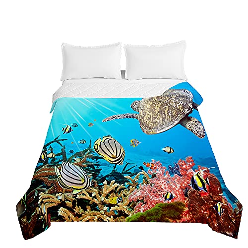 Surwin Tagesdecke Bettüberwurf Steppdecke für Doppelbett Einzelbett,Mikrofaser Wattiert Gesteppt Bettdecke 3D Meeresschildkröte Dünne Tagesdecken mit Ultraschall Prägung (Fisch,180x220cm)