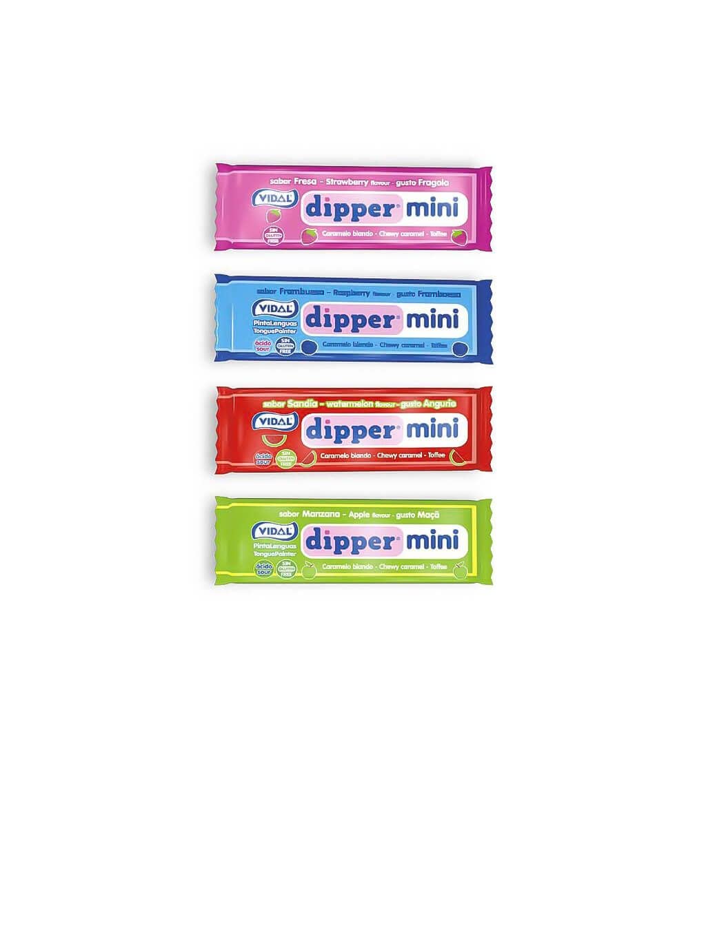 Vidal Golosinas. Dipper Mini Surtido. Caramelos blandos masticables sabores frambuesa, fresa, cola, manzana y sandía. Textura que se derrite en boca. Sin gluten. Tarro 250 u