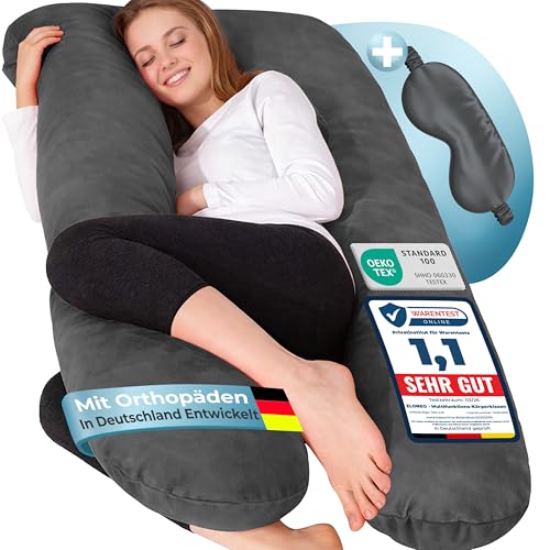 ELONEO NEU Seitenschläferkissen mit Bezug | Stillkissen | Schwangerschaftskissen XXL | Pregnancy Pillow | Komfortkissen für die Schwangerschaft | Lesekissen waschbar, anthrazit